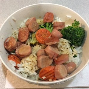 I don't love sausages in a can, but with the veggie rice and soy sauce they didn't taste too bad.