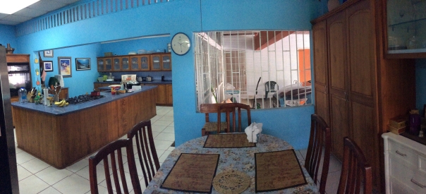 Here you can see the kitchen and dining area. You can see how you come into the kitchen from the car park. Apo let's me cook and use anything in the kitchen, so that's great. 